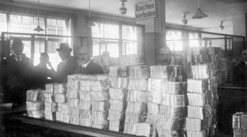 Piles of new Notgeld banknotes awaiting distribution at Germany's Reichsbank during the hyperinflation. Photo Credit: Bundesarchiv, Bild, Wikipedia Commons