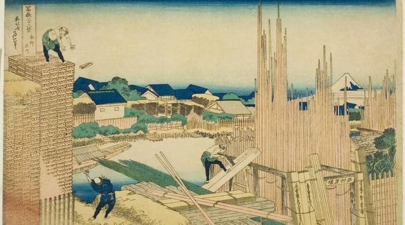A depiction of timberyards during the Edo period (1603-1867), with Mt. Fuji viewable at a distance. CREDIT: Katsushika Hokusai