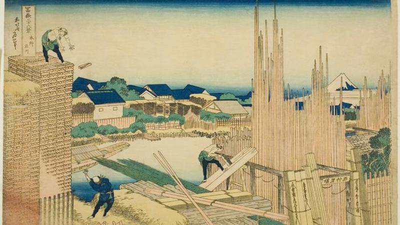 A depiction of timberyards during the Edo period (1603-1867), with Mt. Fuji viewable at a distance. CREDIT: Katsushika Hokusai