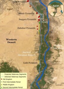 The water course of the ancient Ahramat Branch borders a large number of pyramids dating from the Old Kingdom to the Second Intermediate Period, spanning between the Third Dynasty and the Thirteenth Dynasty. CREDIT: Eman Ghoneim