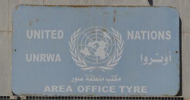 Sign of the area office of the United Nations Relief and Works Agency for Palestine Refugees in the Near East (UNRWA) in Tyre/Sour, Southern Lebanon. Photo Credit: RomanDeckert, Wikimedia Commons