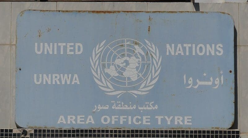 Sign of the area office of the United Nations Relief and Works Agency for Palestine Refugees in the Near East (UNRWA) in Tyre/Sour, Southern Lebanon. Photo Credit: RomanDeckert, Wikimedia Commons