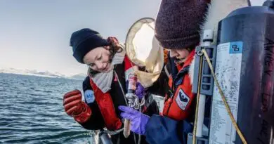 Klara Wolf (left) samples Actic phytoplankton in Kongsfjorden, Ny Ålesund, Svalbard. CREDIT: Alfred-Wegener-Institut / Paolo Verzone