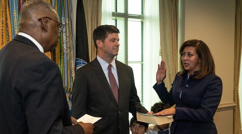 Secretary of Defense Lloyd J. Austin III swears in Chief Digital and Artificial Intelligence Officer Radha Plumb at the Pentagon, April 9, 2024. Photo Credit: Air Force Tech. Sgt. Jack Sanders, DOD