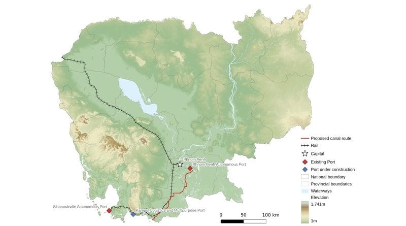 Proposed route Cambodia’s Funan Techo Canal project. Credit: EOBKR, Wikipedia Commons