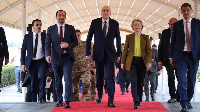 EU Commission President Ursula von der Leyen with Cypriot President Nikos Christodoulides and Lebanon's Caretaker Prime Minister Najib Mikati. Photo Credit: EU Commission President Ursula von der Leyen, X