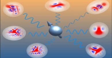 A spin (blue ball with arrow) interacts with the surrounding bosons described by non-Gaussian states – a new computational method to accurately describe what happens inside quantum devices CREDIT: Jiří Minář