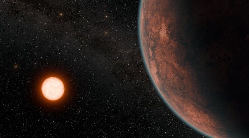 Artist’s conception of the newly discovered planet Gliese 12 b, which is orbiting a red dwarf star located 40 light-years away. This artist's conception assumes that the planet retains a tenuous atmosphere. Future follow-up observations will clarify what kind of atmosphere the planet actually retains. (Credit: NASA/JPL-Caltech/R. Hurt (Caltech-IPAC))