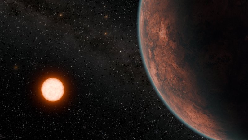 Artist’s conception of the newly discovered planet Gliese 12 b, which is orbiting a red dwarf star located 40 light-years away. This artist's conception assumes that the planet retains a tenuous atmosphere. Future follow-up observations will clarify what kind of atmosphere the planet actually retains. (Credit: NASA/JPL-Caltech/R. Hurt (Caltech-IPAC))