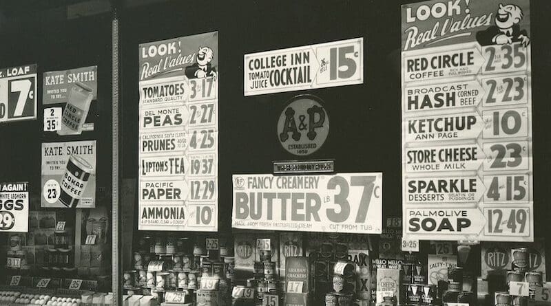 Window display at A&P, 246 Third Avenue, Manhattan, 1936. Photo Credit: Berenice Abbott, Wikipedia Commons