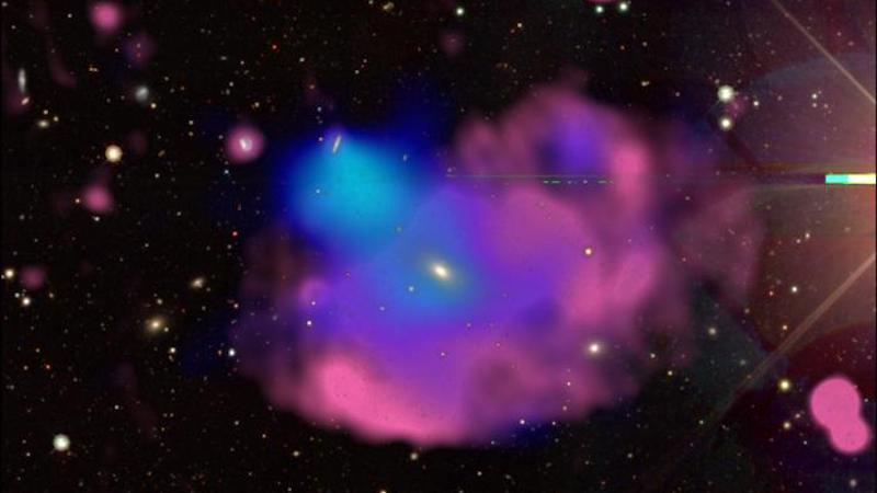 This multiwavelength image of the Cloverleaf ORC (odd radio circle) combines visible light observations from the DESI (Dark Energy Spectroscopic Instrument) Legacy Survey in white and yellow, X-rays from XMM-Newton in blue, and radio from ASKAP (the Australian Square Kilometer Array Pathfinder) in red. CREDIT: X. Zhang and M. Kluge (MPE), B. Koribalski (CSIRO)