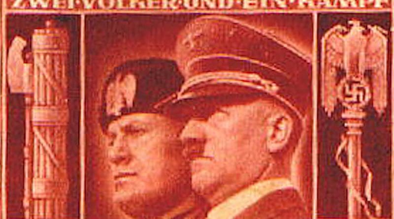 Detail of stamp with images of Mussolini and Hitler. Credit: Wikipedia Commons fascism fascist