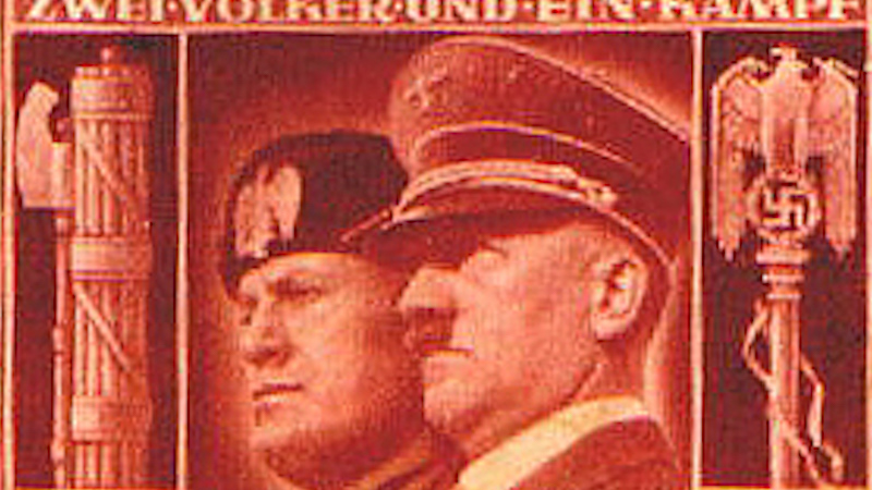 Detail of stamp with images of Mussolini and Hitler. Credit: Wikipedia Commons fascism fascist