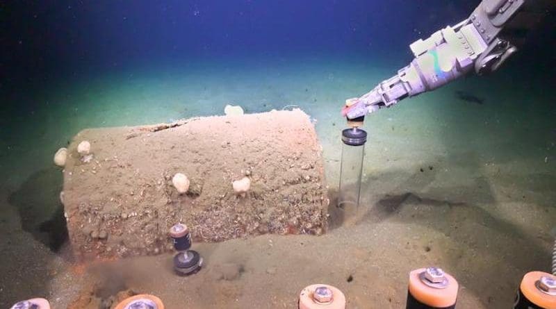 Researchers about Research Vessel Falkor used Remotely Operated Vehicle SuBastian to collect sediment push cores off the coast of Los Angeles during the Biodiverse Borderlands Expedition in July 2021. Credit: Schmidt Ocean Institute