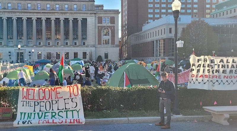 Signs at Columbia University, including one stating: "Welcome to the People's University for Palestine". Photo Credit: عباد ديرانية, Wikipedia Commons