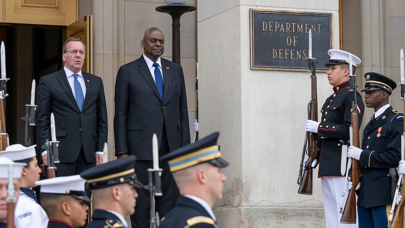 Secretary of Defense Lloyd J. Austin III and German Defense Minister Boris Pistorius stand for the playing of national anthems during an enhanced honor cordon and meeting at the Pentagon, Washington, D.C., May 9, 2024. Photo Credit: Air Force Tech. Sgt. Jack Sanders, DOD