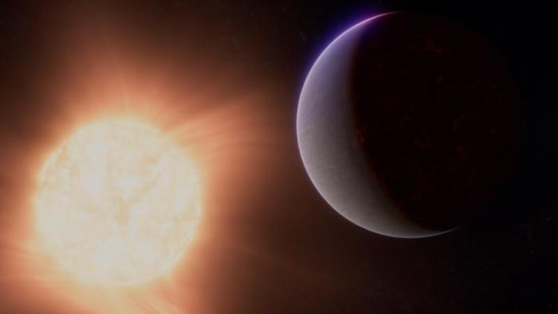 This artist's concept shows what the exoplanet 55 Cancri e could look like based on observations from NASA’s James Webb Space Telescope and other observatories. Observations from Webb’s NIRCam and MIRI suggest that the planet may be surrounded by an atmosphere rich in carbon dioxide (CO2) or carbon monoxide (CO). Researchers think the gases that make up the atmosphere could have bubbled out of an ocean of magma that is thought to cover the planet’s surface. CREDIT: NASA, ESA, CSA, Ralf Crawford (STScI)