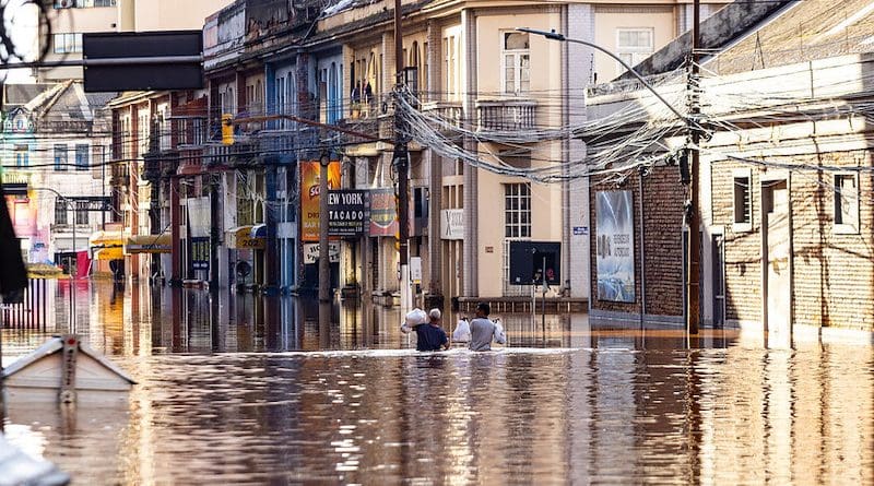 People in downtown Porto Alegre, Rio Grande do Sul's capital, after the city was invaded by the Guaíba River's waters on May 5, 2024. Photo Credit: Gustavo Mansur/Palácio Piratini