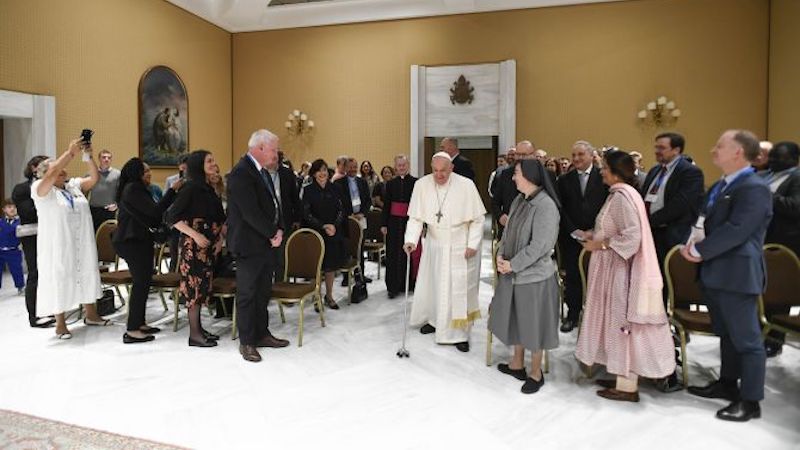 Pope Francis meets with participants of the “Care Is Work, Work Is Care” event sponsored by the Dicastery for Promoting Integral Human Development on May 8, 2024, at the Vatican. | Credit: Vatican Media
