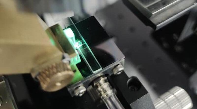 The photo shows light being focused through the microlens array onto the micro-ring in the OPCA chip test system. CREDIT: Wei Wu, Tsinghua University