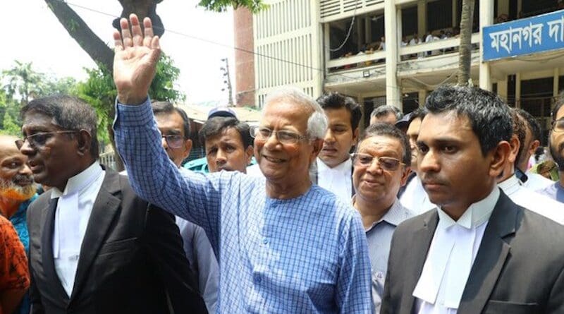 Nobel Laureate Muhammad Yunus waves to reporters as he leaves the Special Judge’s Court in Dhaka, June 12, 2024. Photo Credit: Mehedi Rana/BenarNews