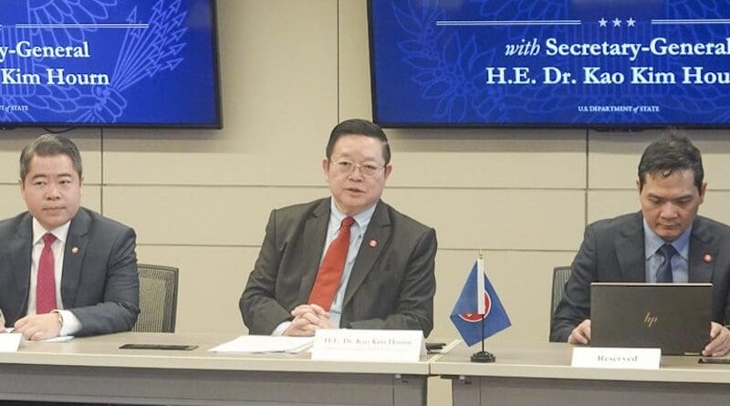 Kao Kim Hourn, ASEAN secretary-general (center), participates in a media roundtable at Arizona State University’s Washington campus, June 12, 2024. [ASEAN]