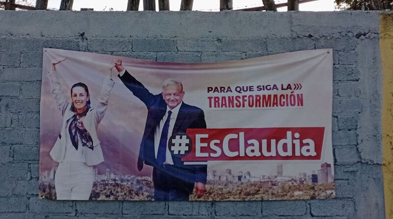 Claudia Sheinbaum and AMLO on a MORENA electoral propaganda poster in Dolores Hidalgo, Guanajuato (Mexico). Photo Credit: Juan Carlos Fonseca Mata, vWikimedia Commons