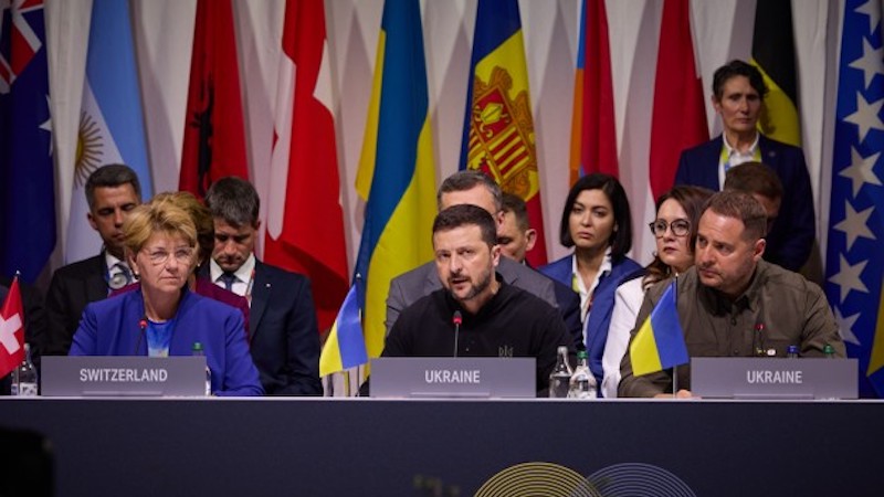Swiss President Viola Amherd and Ukrainian President Volodymyr Zelensky at the Ukraine Peace Summit in Switzerland. Photo Credit: Ukraine Presidential Press Service