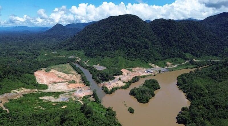 An aerial view of Tugu Lima (the five pillars area), the construction hub for the Kayan River Hydroelectric Power Plant project, in Peso district, North Kalimantan province, Indonesia, June 5, 2024. Photo Credit: Norjannah/BenarNews