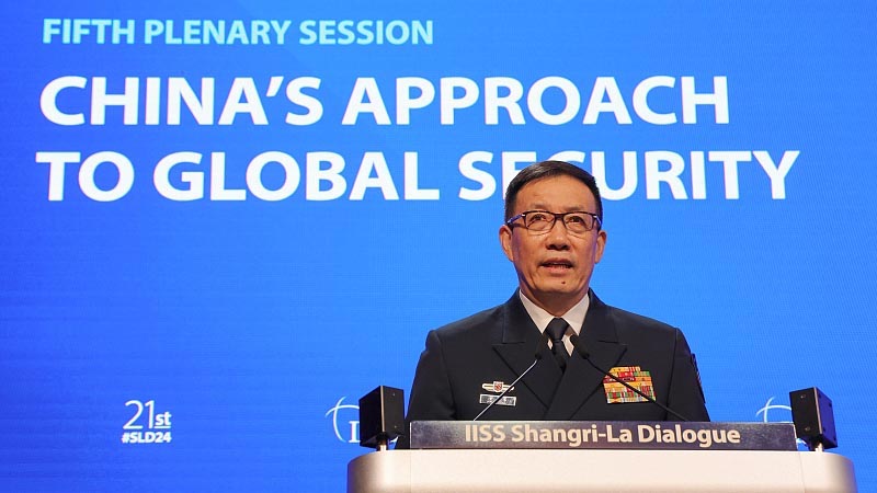 Chinese Defense Minister Dong Jun speaks at the Shangri-Lla Dialogue in Singapore, June 2, 2024. Photo Credit: Chinese Embassy in US, X
