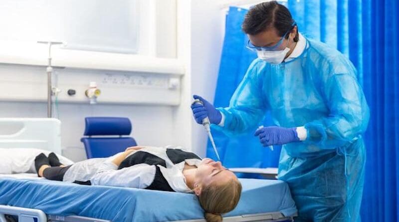 Clinician administering virus through the nose, as part of UK COVID-19 Human Challenge study.Human challenge studies involve deliberate human infection ‘challenge’ of a small number of low-risk volunteers (healthy, young adults) under highly controlled settings. CREDIT: Imperial College London