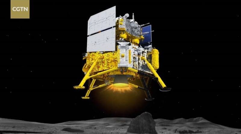 The Chang'e-6 craft, equipped with an array of tools and its own launcher, touched down in a gigantic impact crater called the South Pole-Aitken Basin on the moon's space-facing side at 6:23 a.m. Beijing time (2223 GMT), the China National Space Administration said. [Screenshot, Chinese TV]