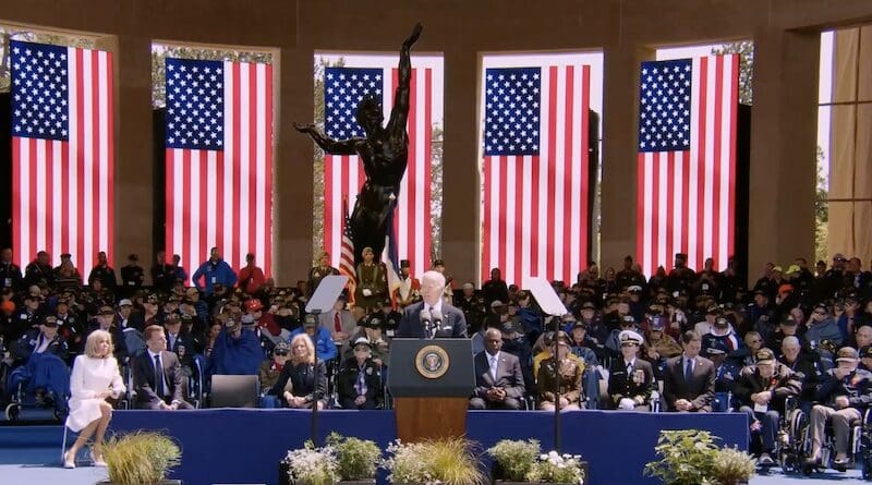 President Joe Biden delivers a speech during a commemorative ceremony to mark D-Day 80th anniversary, June 6, 2024, at the U.S. cemetery in Colleville-sur-Mer, Normandy, France. Photo Credit: White House video screenshot
