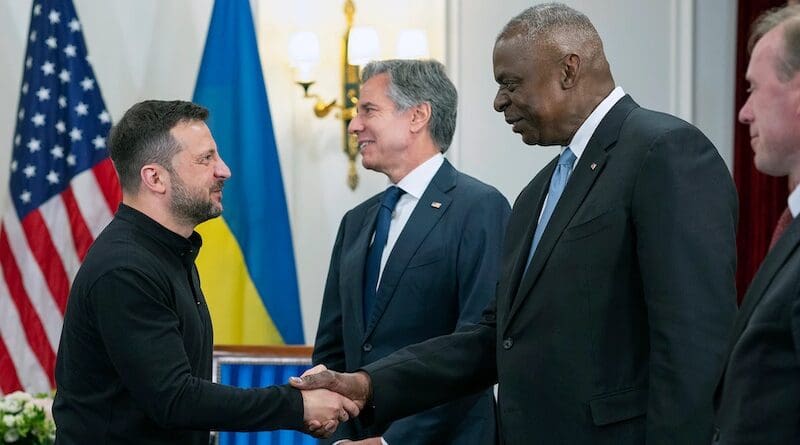 Secretary of Defense Lloyd J. Austin III greets Ukrainian President Volodymyr Zelenskyy alongside Secretary of State Antony J. Blinken and National Security Advisor Jake Sullivan before a bilateral exchange with President Joe Biden in Paris, June 7, 2024. Photo Credit: Navy Petty Officer 1st Class Alexander C. Kubitaz