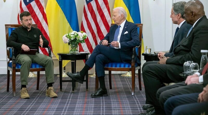 President Joe Biden hosts a bilateral exchange with Ukrainian President Volodymyr Zelenskyy in Paris, June 7, 2024. Photo Credit: Navy Petty Officer 1st Class Alexander C. Kubitza