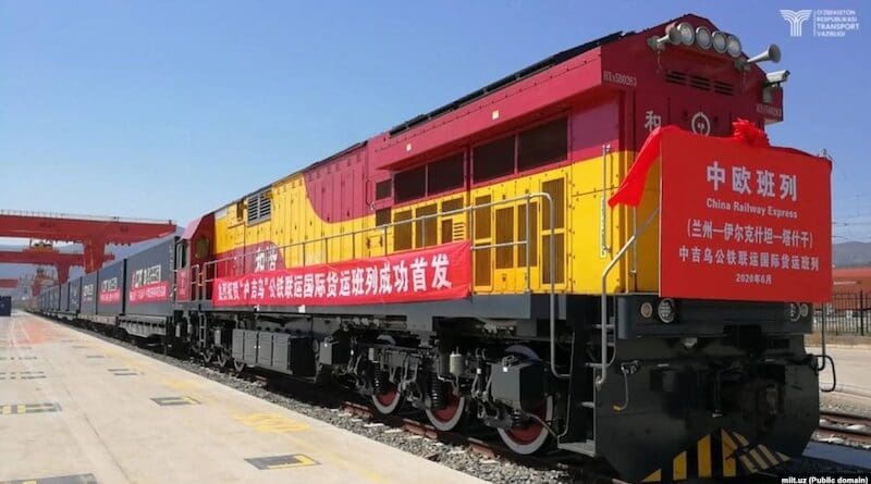 An experimental block train launched along the China-Kyrgyzstan-Uzbekistan transport corridor in Lanzhou last year. Photo Credit: RFE/RL