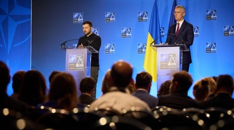 Ukraine's President Volodymyr Zelenskyy and NATO Secretary General Jens Stoltenberg speak during a press conference at the NATO summit in Washington, July 11, 2024. Photo Credit: Ukraine Presidential Press Service