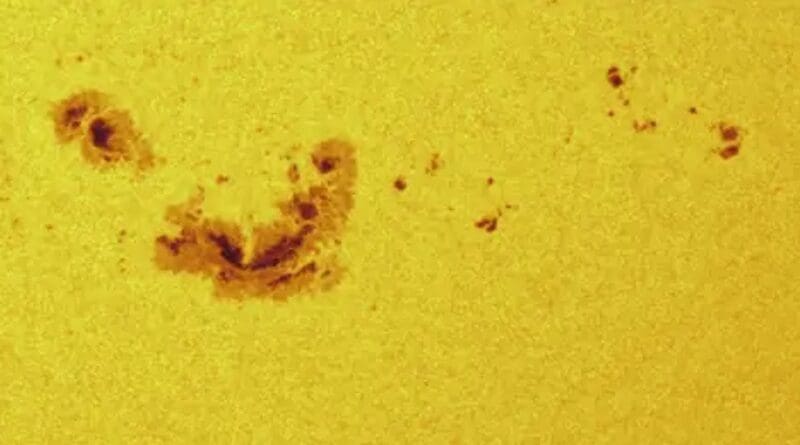 Helioseismic and Magnetic Imager (HMI) image of the big sunspot that occurred on 5 May 2024, in continuum intensity ('white light'). CREDIT: NASA/SDO and HMI science team