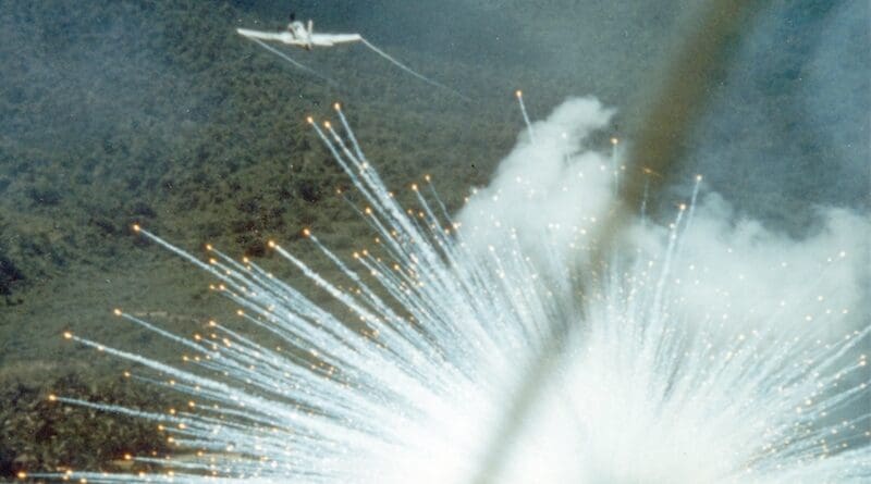 File photo of a US Air Force Douglas A-1E Skyraider dropping a 100-pound (45 kg) M47 white phosphorus bomb on a Viet Cong position in South Vietnam in 1966. Photo Credit: United States Air Force, Wikipedia Commons