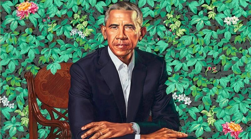 Detail of Barack Obama's portrait by Kehinde Wiley. Source: Wikipedia Commons
