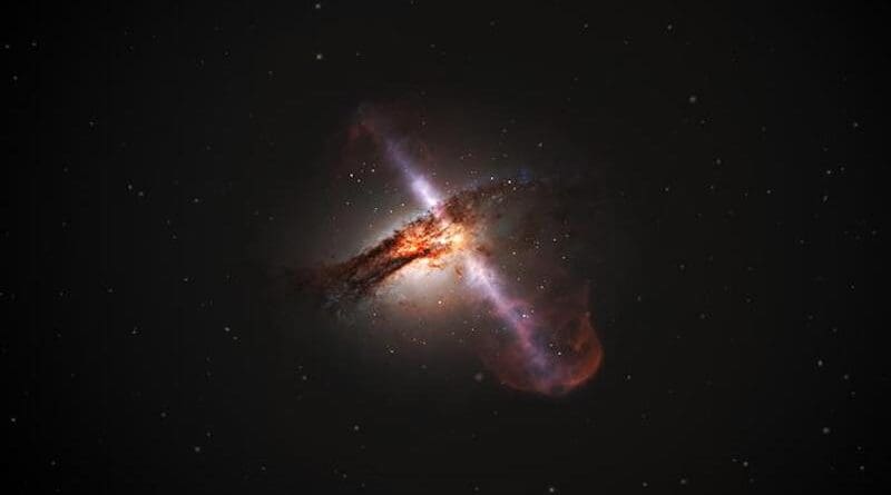 An artist’s impression showing bi-polar jets of gas originating from a supermassive black hole at the centre of a galaxy. CREDIT: ESA/Hubble, L. Calçada (ESO)