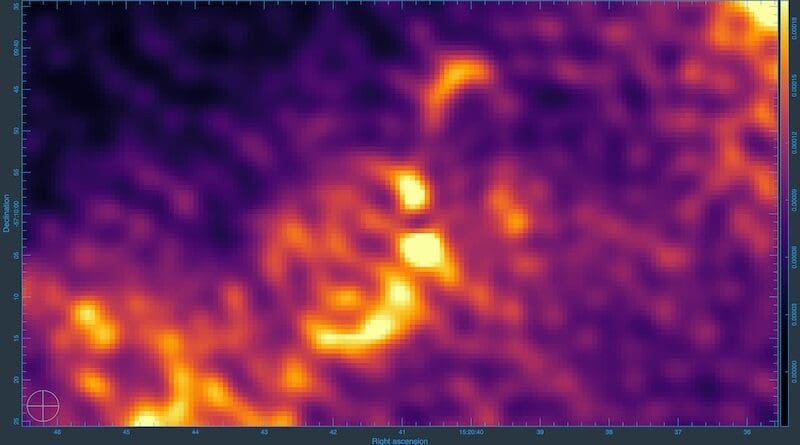 Radio image of the S-shaped precessing jet launched by the neutron star in Circinus X-1. Both Cir X-1 itself (centre of the image) and a background source have been subtracted from the image to make the S-shape clearer. The jets are fast, narrow flows of material outwards from Cir X-1. The size of the jets against the sky is the same apparent size as a penny viewed from 100 metres away, but their real size is greater than five light-years.