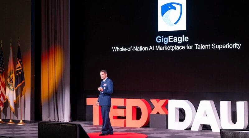 Air Force Brig. Gen. Michael McGinley, director of GigEagle Agile Talent Ecosystem initiative, gives a presentation at an event sponsored by Defense Acquisition University in Fort Belvoir, Va. Photo Credit: Nicole Brate, DOD