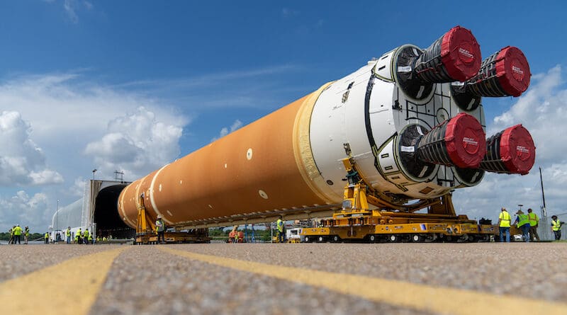 Move teams with NASA and Boeing, the SLS (Space Launch System) core stage lead contractor, position the massive rocket stage for NASA’s SLS rocket on special transporters to strategically guide the flight hardware the 1.3-mile distance from the factory floor onto the agency’s Pegasus barge on July 16. The core stage will be ferried to NASA’s Kennedy Space Center in Florida, where it will be integrated with other parts of the rocket that will power NASA’s Artemis II mission. Pegasus is maintained at NASA’s Michoud Assembly Facility. Credit: NASA