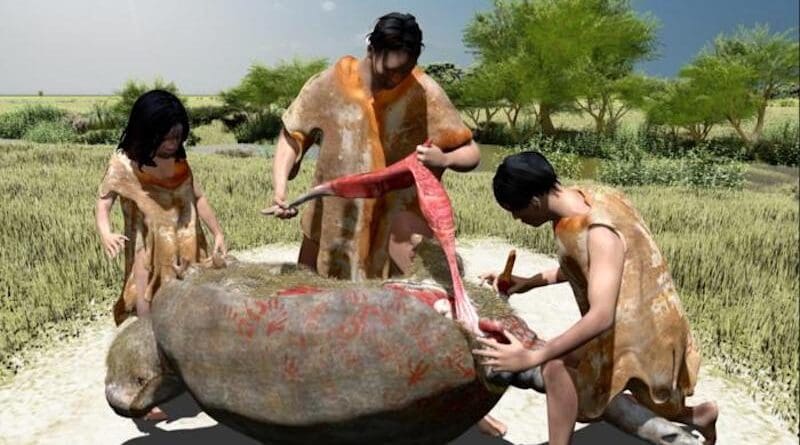 3D rendering of the probable butchery event according to a paleoartistic reconstruction. The illustration was made by modeling three-dimensional meshes, 3D digital scanning, and texturing by projection, based on the proportions of the excavated fossil materials and the results obtained in the study. CREDIT Damián Voglino, Museo de Ciencias Naturales A. Scasso (Colegio Don Bosco), San Nicolás de los Arroyos, Provincia de Buenos Aires