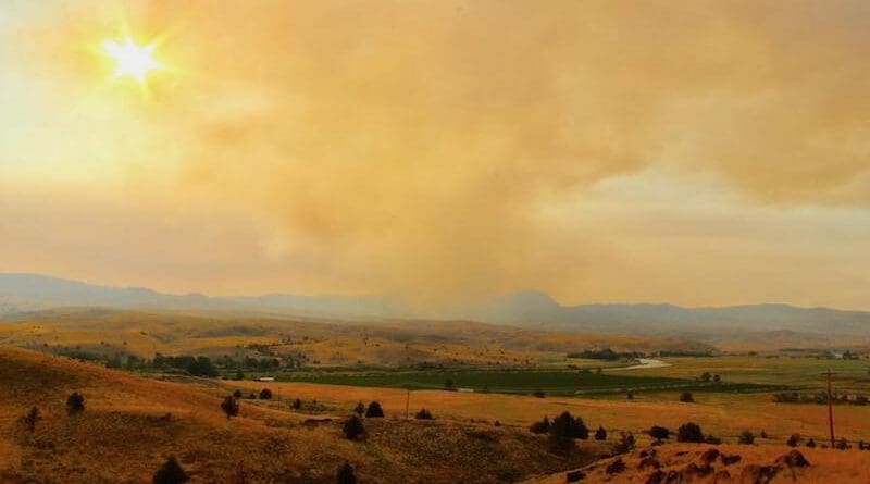 Plumes of smoke are seen from miles away as a rangeland wildfire burns outside of the small town of Antelope in Wasco County, Oregon. CREDIT: Emily Jane Davis, Oregon State University.