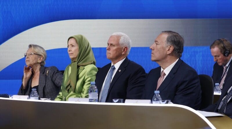 Maryam Rajavi at the Free Iran 2024 World Summit seated next to former US Vice President Mike Pence and former Secretary of State Mike Pompeo. Photo Credit: PMOI