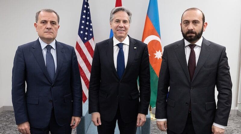 Secretary Blinken Poses for a Photo With Armenian Foreign Minister Mirzoyan and Azerbaijan Foreign Minister Bayramov. Photo Credit: U.S. Department of State