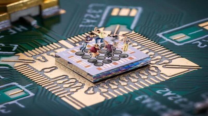 Spin qubits go trampolining to make quantum gates and couple to other spin qubits on the chip. CREDIT: Studio Oostrum for QuTech.