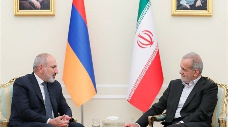 Armenia's Prime Minister Nikol Pashinyan with Iran's President Masoud Pezeshkian. Photo Credit: Tasnim News Agency